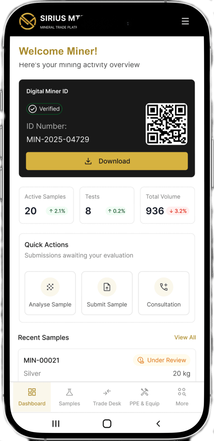 Sirius MTP mobile app with QR code
